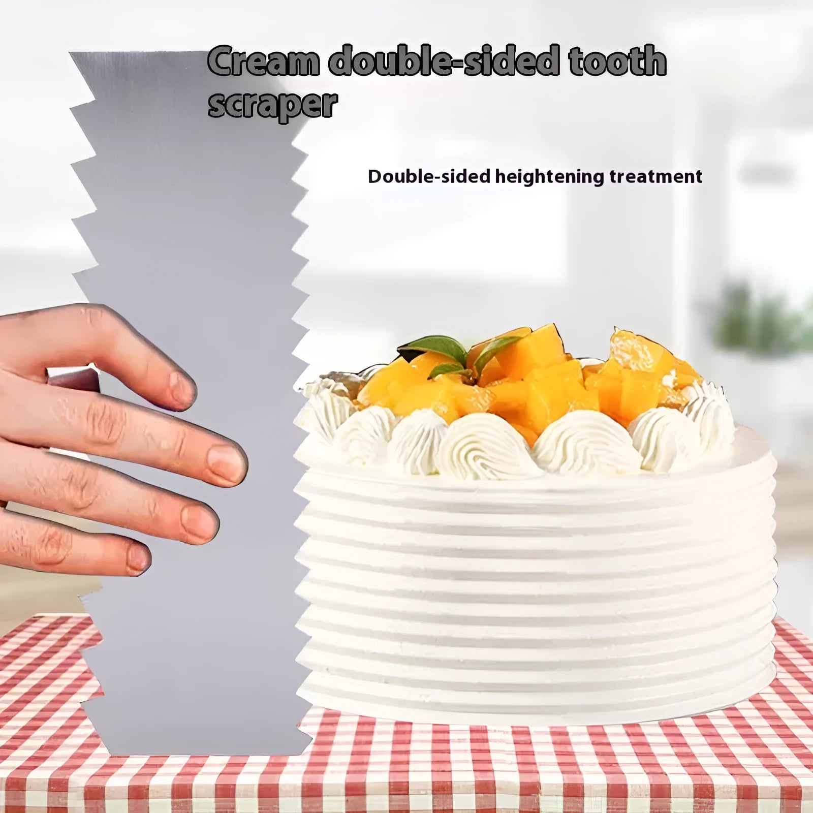 Stainless steel cake decorating scraper with a patterned polygon edge on a kitchen worktop.