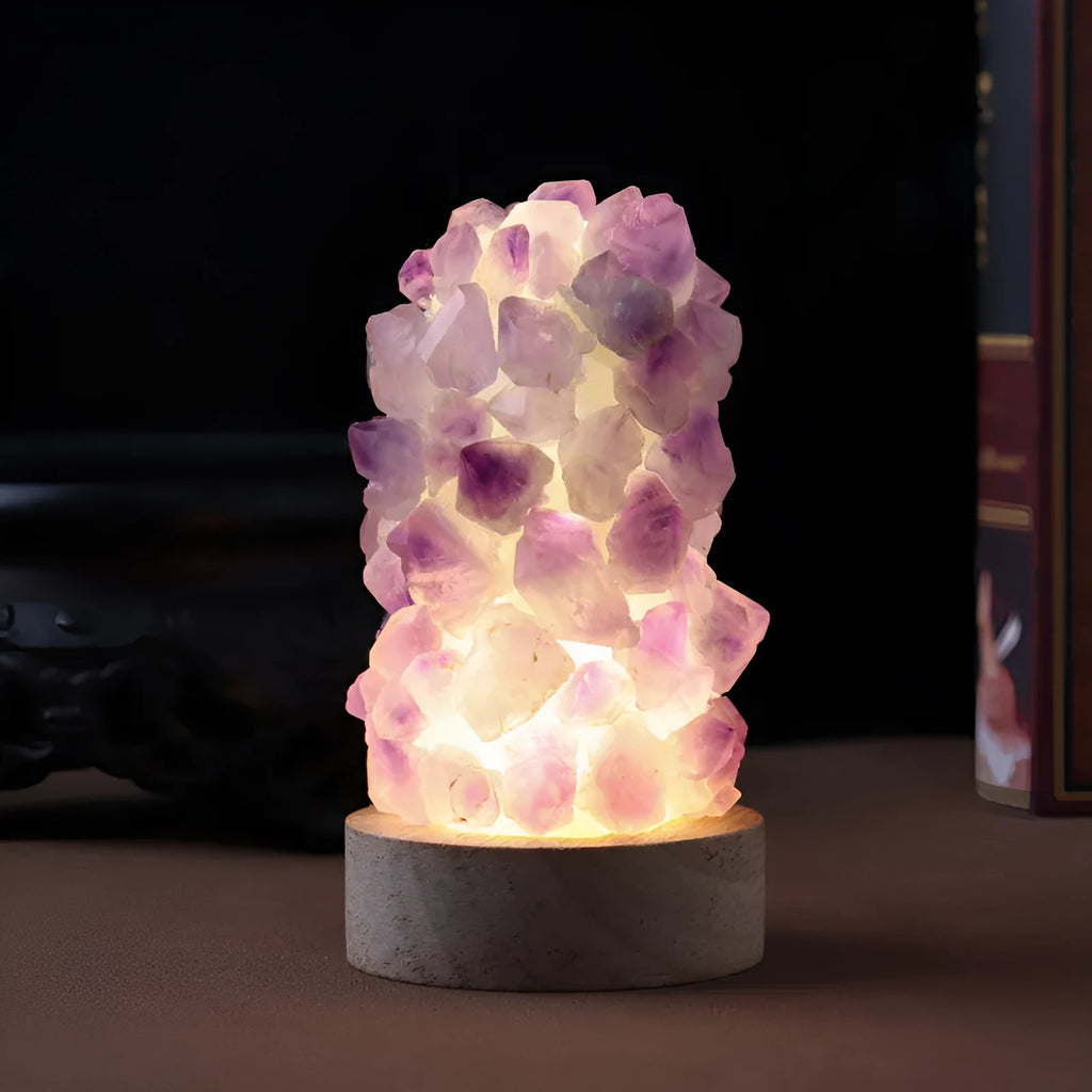 Small amethyst crystal night light with natural tooth flower formations and USB cable