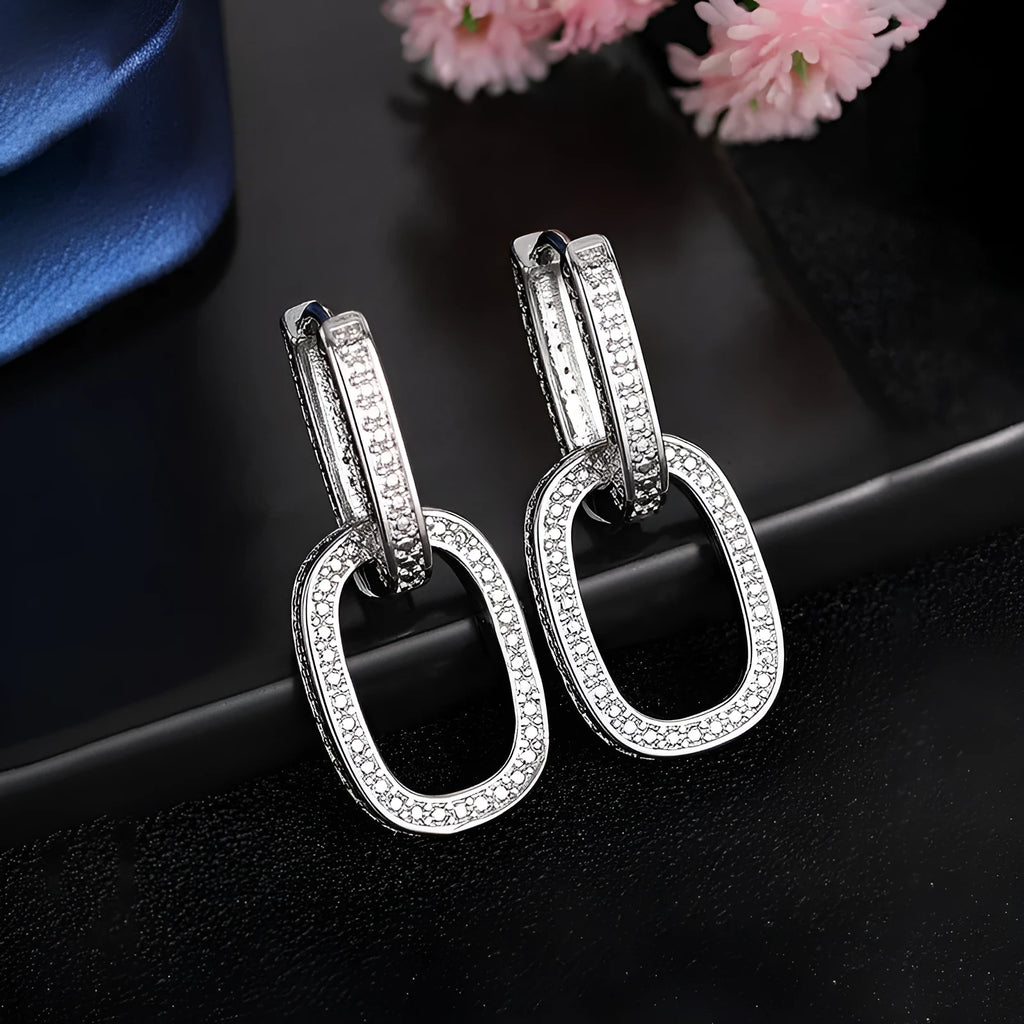 Geometric copper earrings with inlaid zircon, U-shape design, white gold tone finish, for women fashion OL style