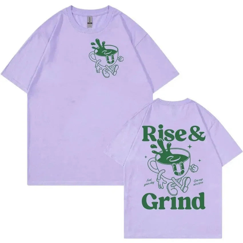 Loose fit linen t-shirt with a cartoon graphic of a green coffee bag and 'Rise And Grind' text.