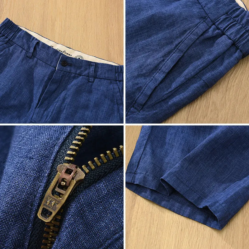 Men's loose linen shorts in blue, light blue, and raw jute colour, sizes M to 3XL, retro fifth-pant length