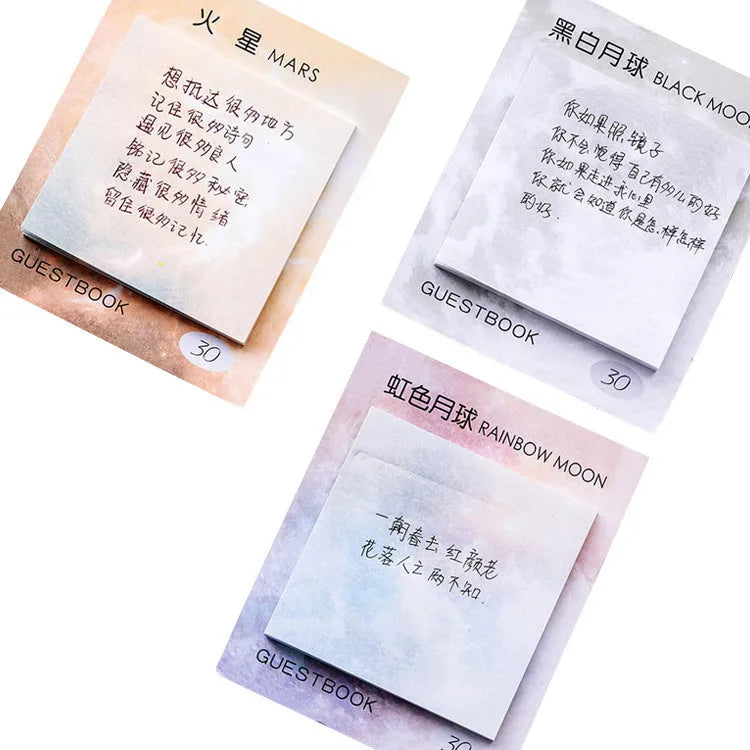 Square planet-themed sticky note pad measuring 7.3 by 7.3 centimetres.