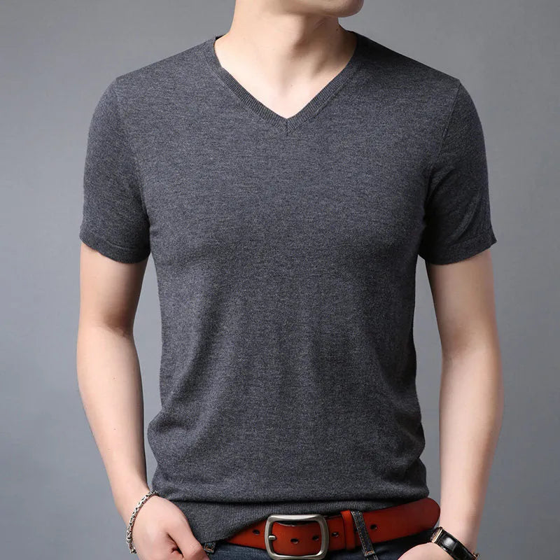 Men's wool spring short-sleeved plain T-shirt in beige, cotton blend with non-iron treatment, Asian sizing