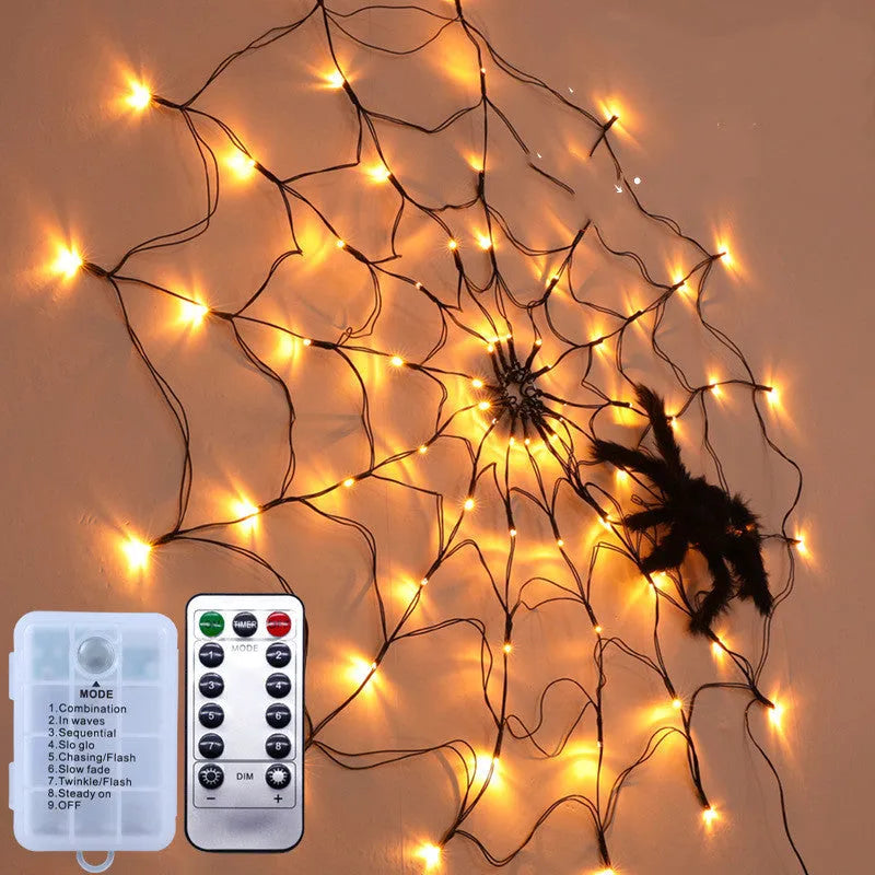 Halloween spider web light with 70 warm white LEDs, furry spider, remote control, 1m diameter, on black wire