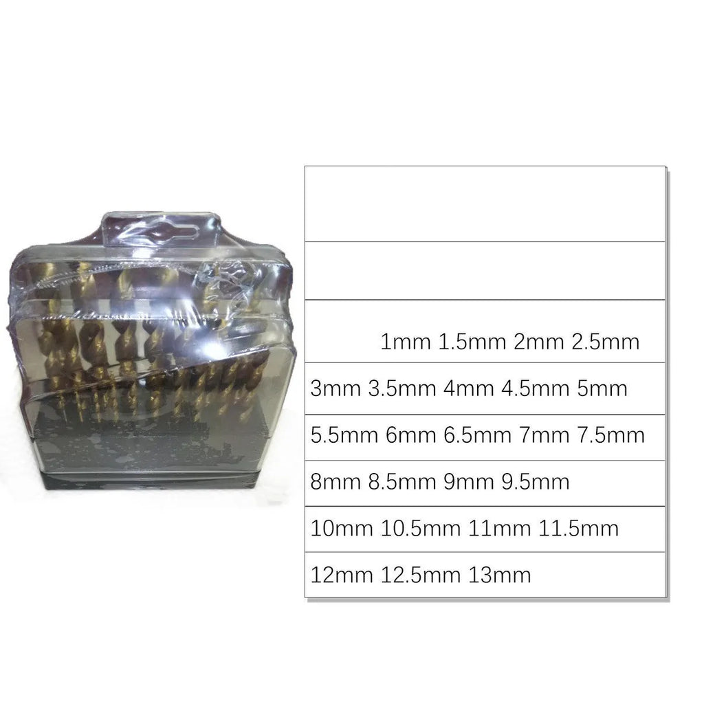 19 25-piece set of high-speed steel twist drill bits with round shank and 118-degree point for wood and metal drilling