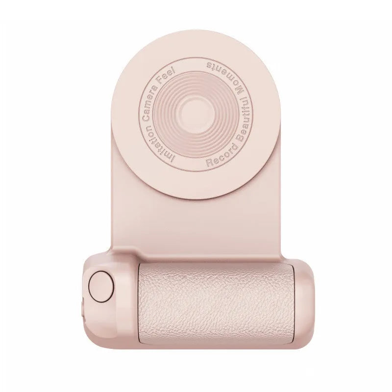 Black multifunctional phone camera holder with magnetic suction and rotatable stand on a table.