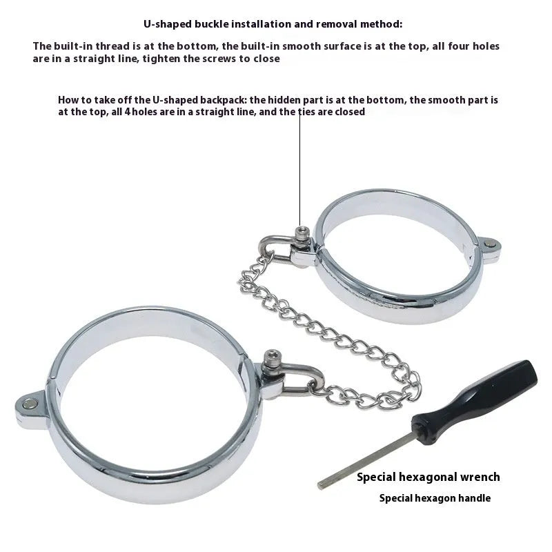 Silver zinc alloy handcuff and footcuff set with stainless steel linking chains