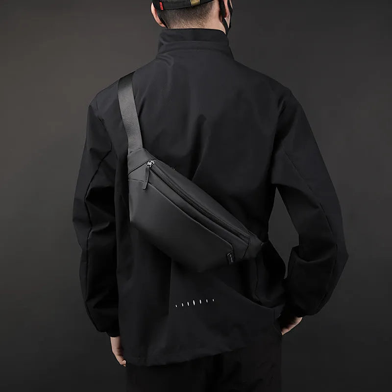 Men's outdoor casual sports crossbody shoulder bag in black nylon, waterproof, with sewing line detail