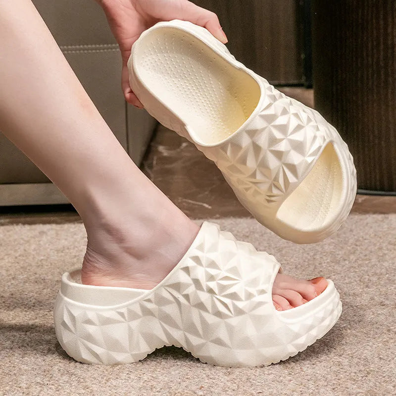 Women's high heel flip flop slippers with a thick EVA sole in khaki, black, and white colour options.