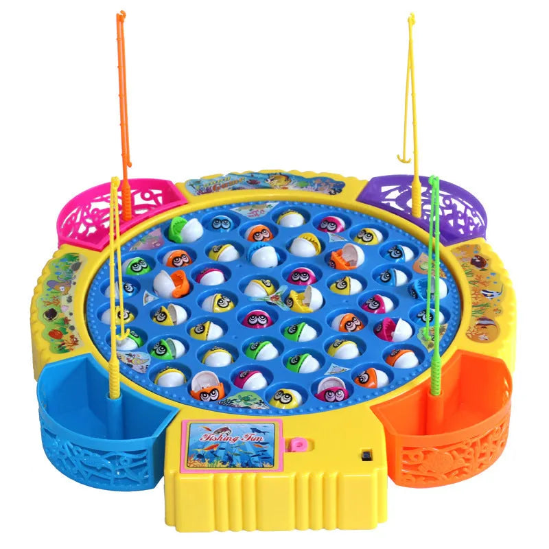 Children's electric rotating fishing machine toy with plastic fish, available in 15, 24 or 45 fish options for ages 4-6.
