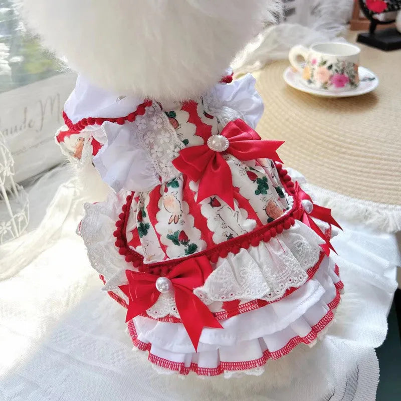 Small white dog wearing a rabbit-style skirt, showing the princess cut and fit based on detailed size chart measurements.