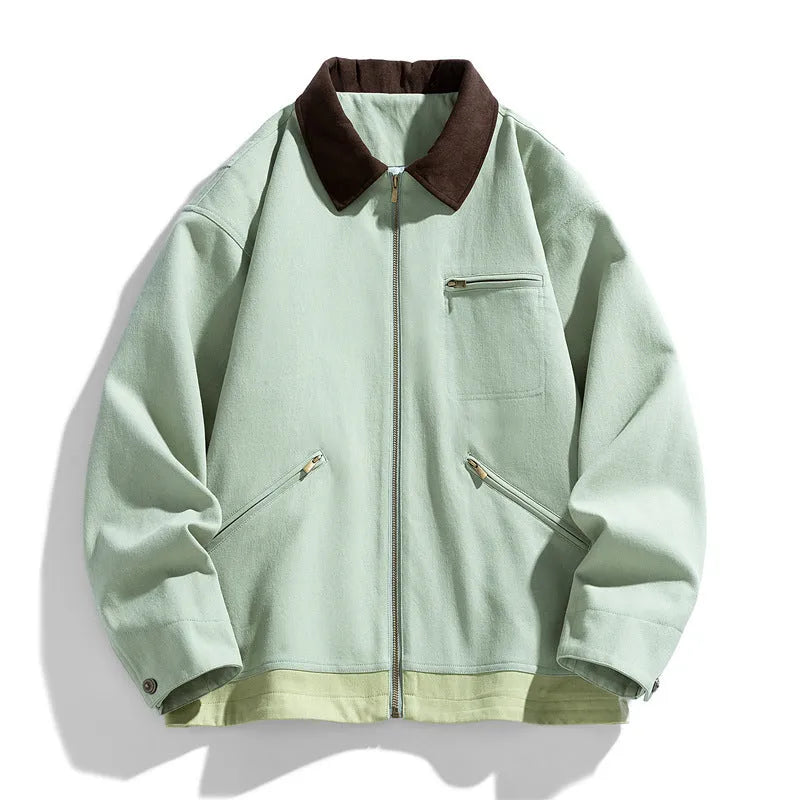 Korean style men's workwear jacket with contrast lapels in loose fit with side pockets