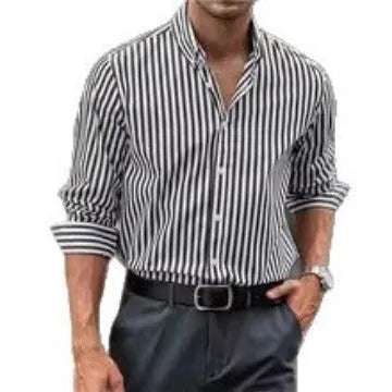 Man modelling a loose-fit khaki striped long sleeve casual button shirt.