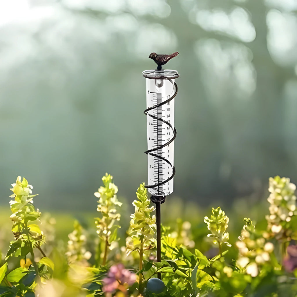 Cast iron hummingbird-shaped rain gauge with glass measurement tube showing 0-800ml capacity scale