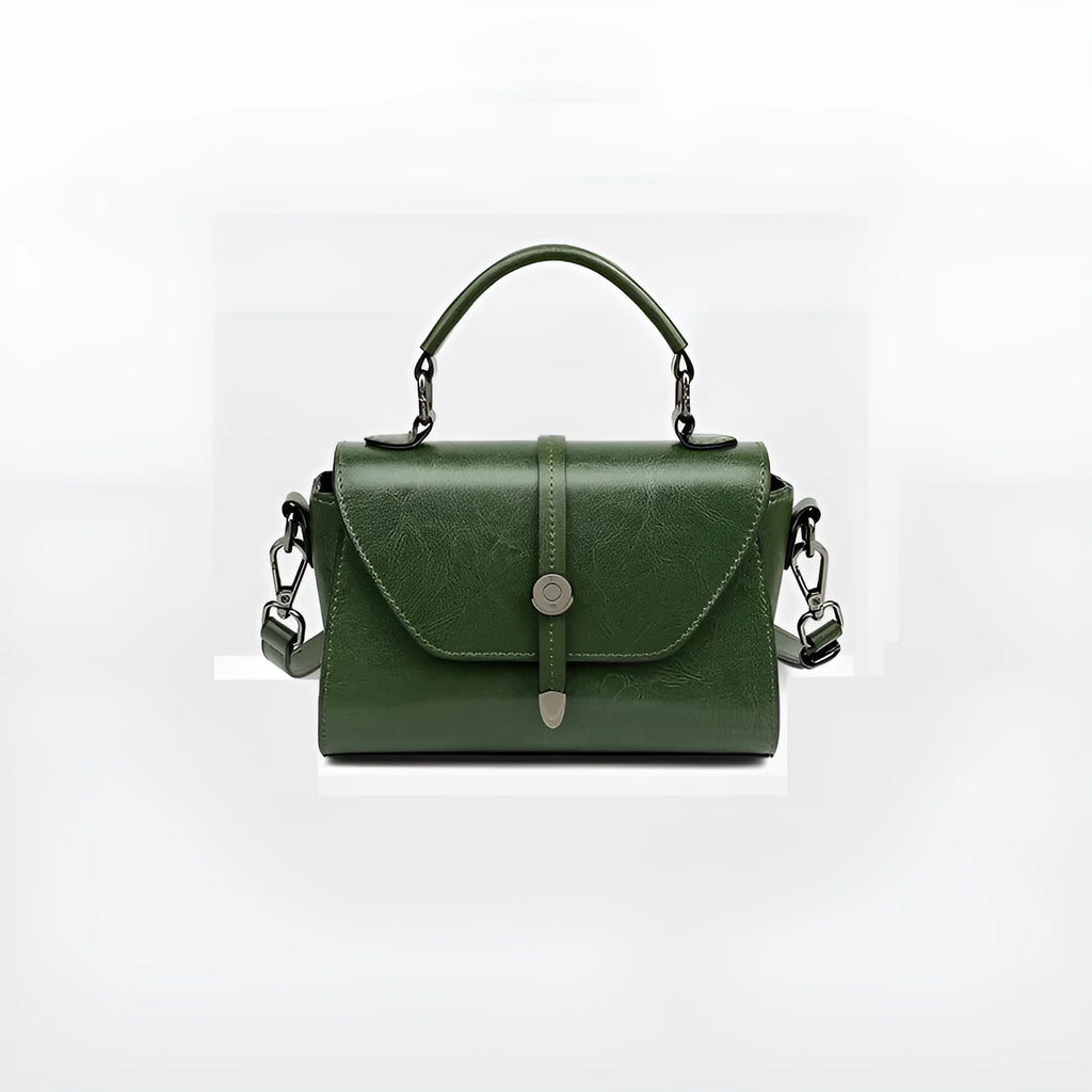 Dark brown women's genuine leather messenger bag with stitching, horizontal square shape 20x9x12 cm, front view