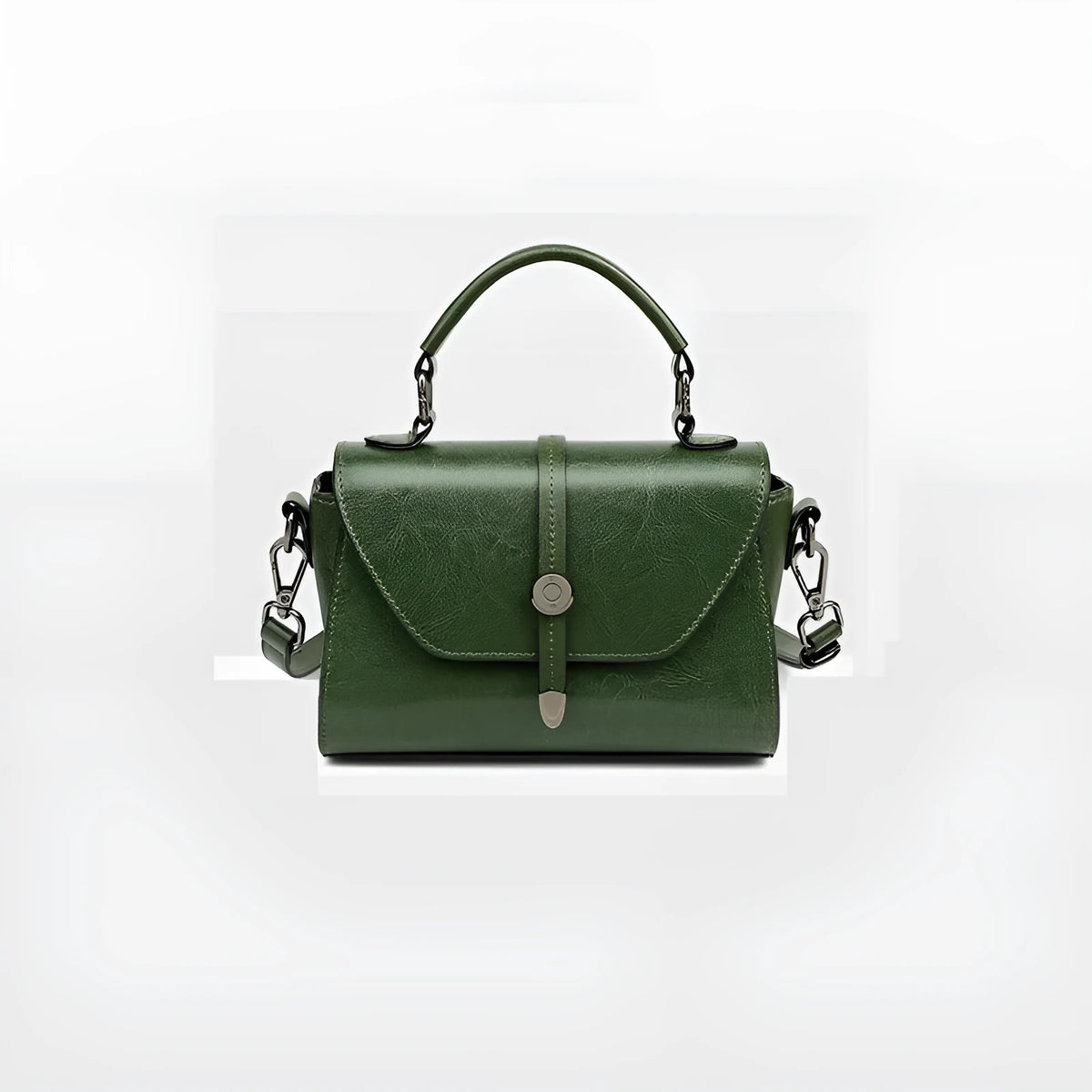 Dark brown women's genuine leather messenger bag with stitching, horizontal square shape 20x9x12 cm, front view