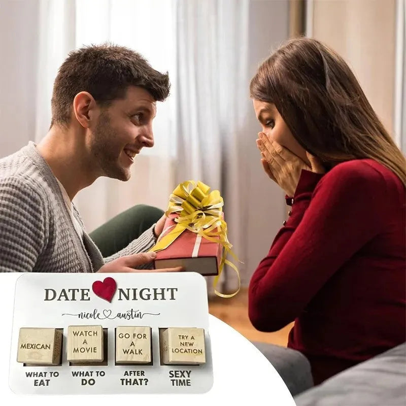 Wooden date night dice set showing five dice, date planner board, and black storage bag for couple's activities