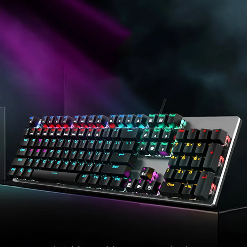 AOC GK410 wired mechanical keyboard with full 104-key layout and backlit keys on a metal frame.