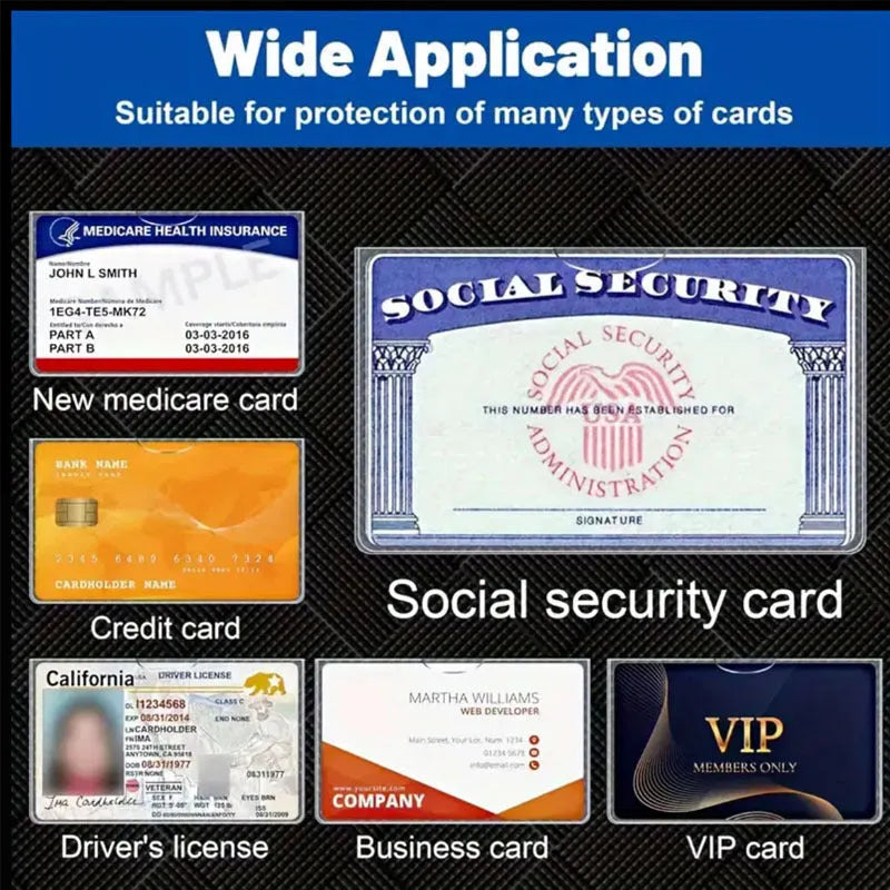 Clear transparent PVC ID card holder for social security card, shown with dimensions 9.7cm by 5.9cm.