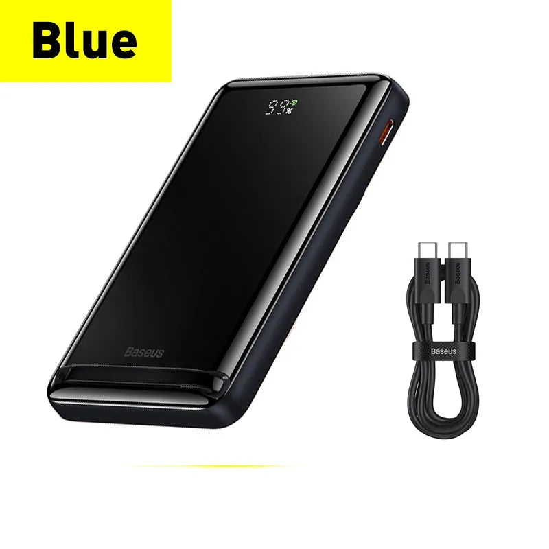 Slim blue magnetic wireless power bank with USB charging cable