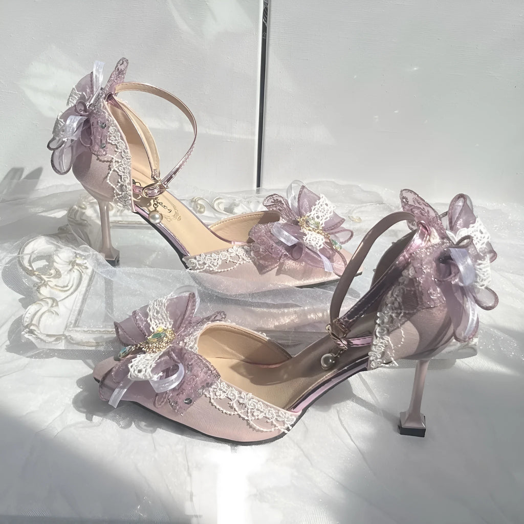 Purple women's flat wedding shoes with satin upper, flower decoration, and a square toe.