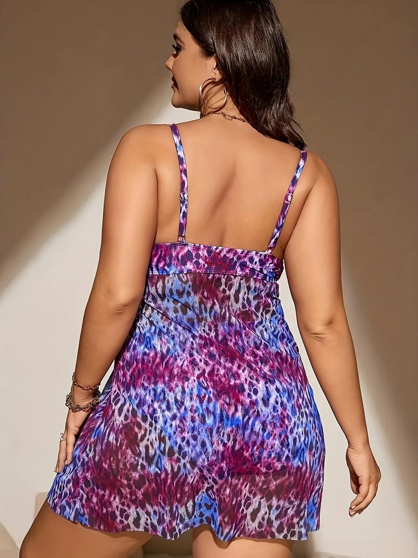 Plus size women's swim bikini set with skirted bottom and sleeveless top in blue colour