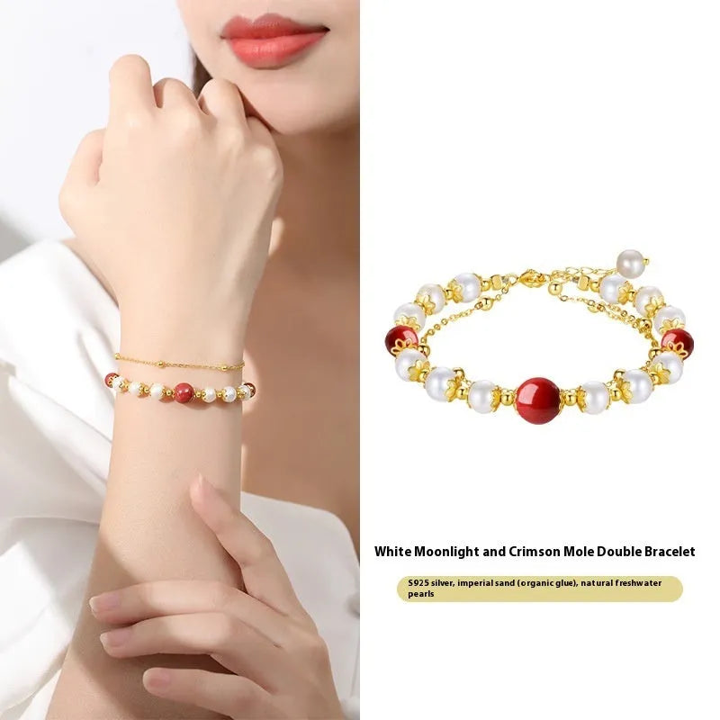 Silver double-layer bracelet with Chinese bean design and red cinnabar fresh water pearl necklace charm