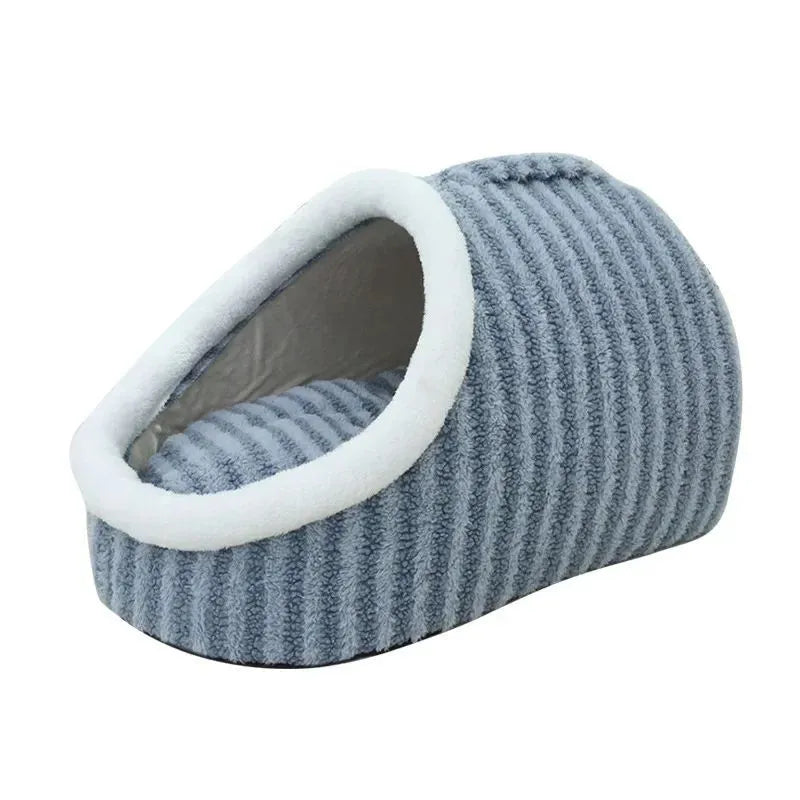 Thickened 3D dog cat bed with removable sponge in striped fabric, blue colour option