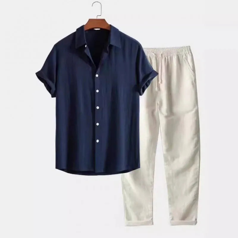 Men's loose fit linen casual suit set with short sleeve shirt and trousers in various colours