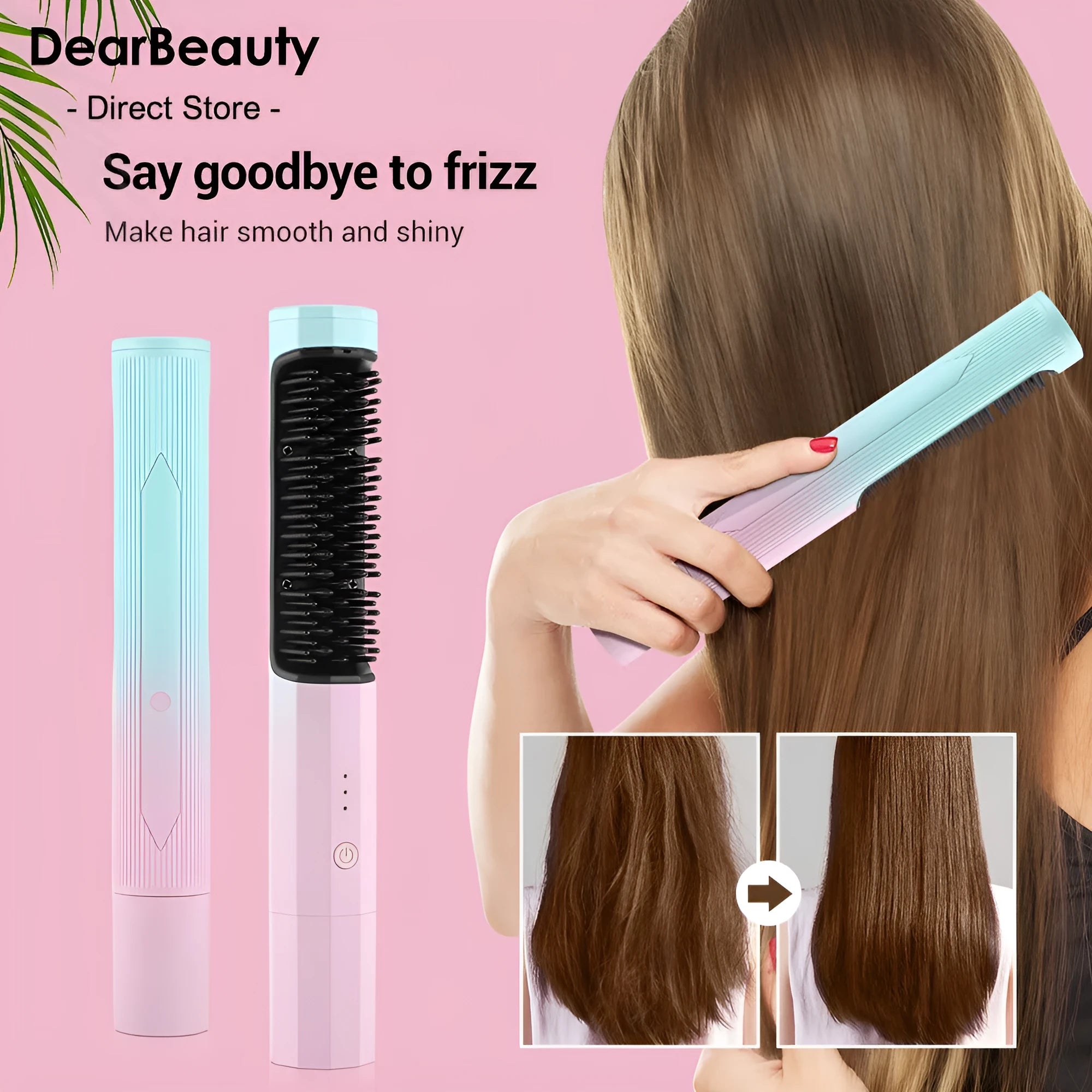 Pink cordless hair straightening comb with USB charging port and heat-insulating comb teeth.