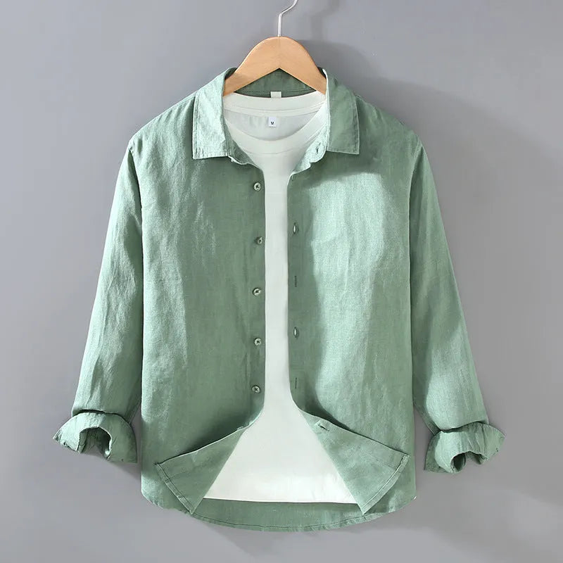 Men's pure linen long sleeve cardigan-style shirt in solid colour options