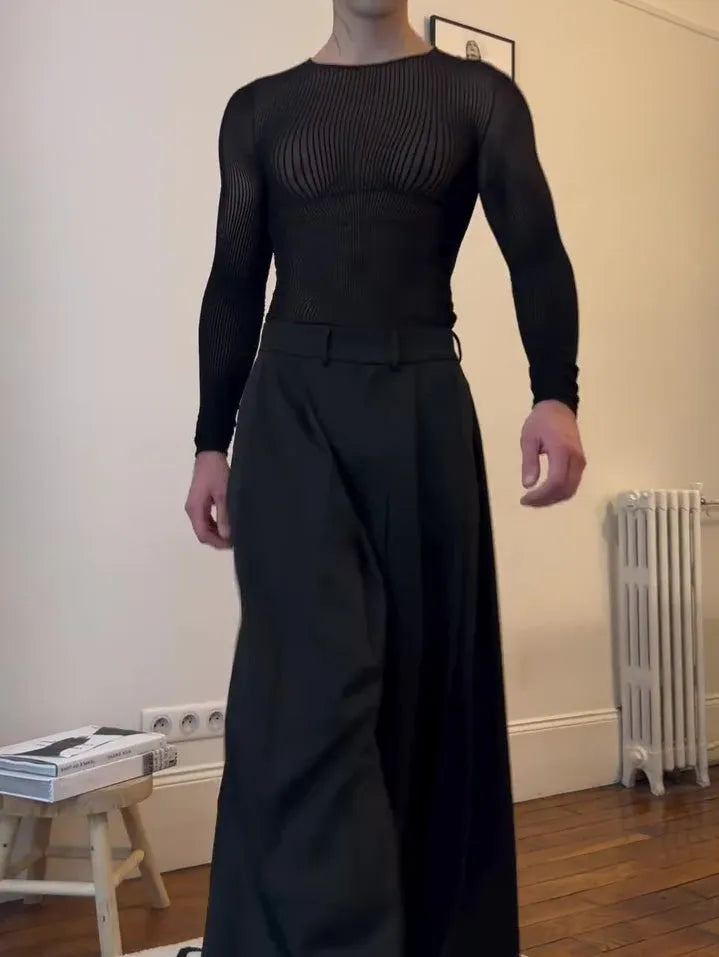 Black mesh long-sleeve top with sheer striped design, regular fit, polyester fabric