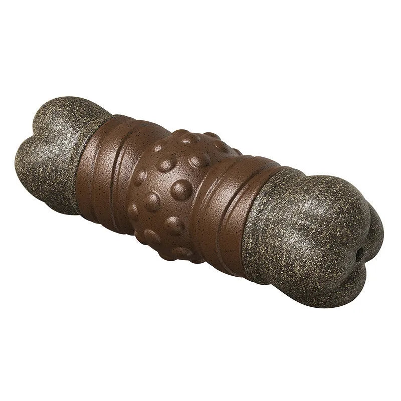 Wood colour plastic bone-shaped dog chew toy designed as a molar rod toothbrush.