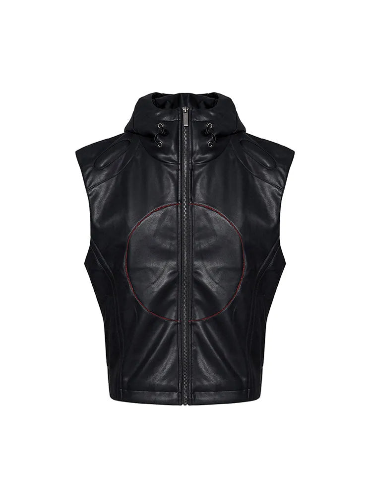 Black PU leather waistcoat for men with hooded collar and star detailing