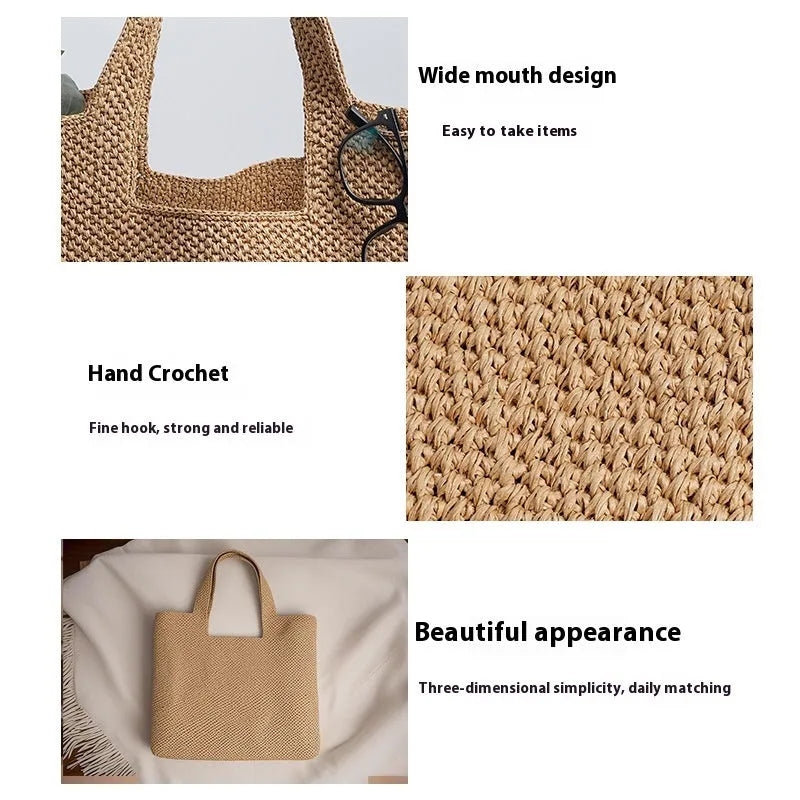 Woven straw tote bag with double shoulder straps in a horizontal square shape, shown in a neutral colour.