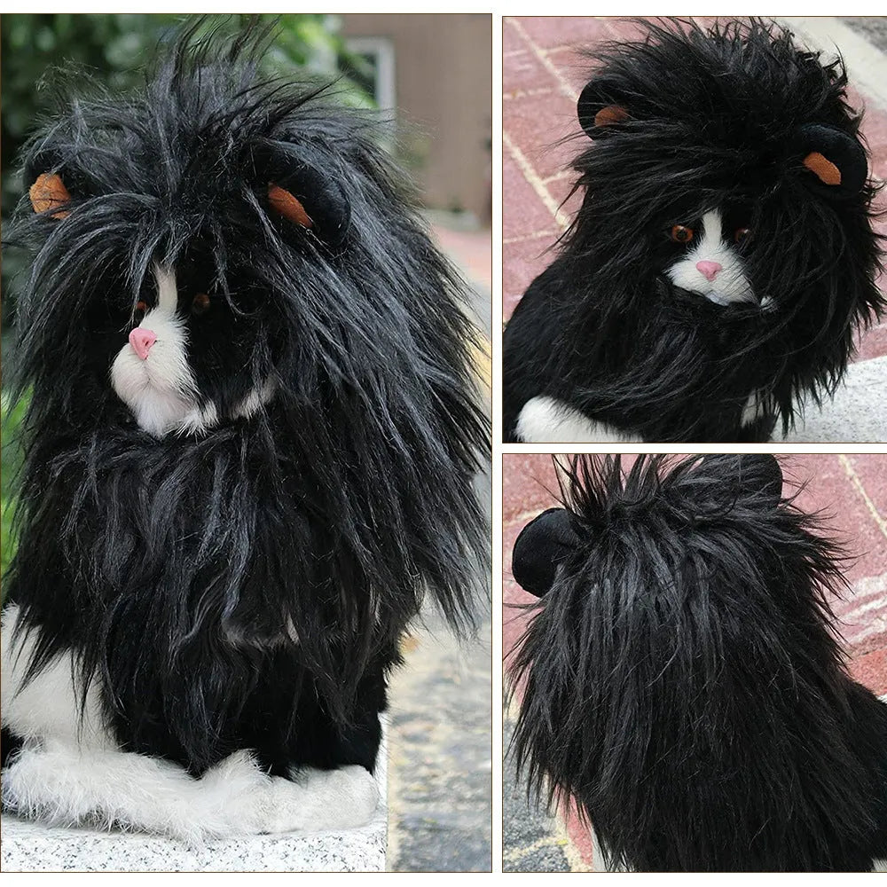 Black and white pet cat lion headgear wig hat costume with elastic chin strap in three size options