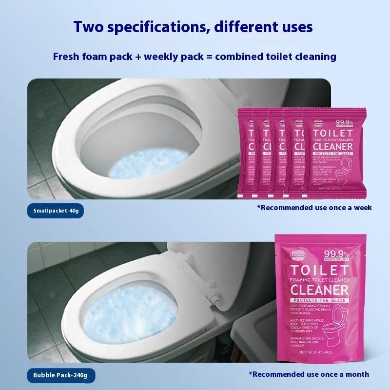 Box and bag of toilet bubble powder descaler cleaner in blue and pink fragrance options.