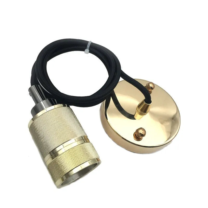 Components of a DIY retro ceiling light assembly kit in chrome finish, showing metal ceiling rose, braided cord, and lamp holder.