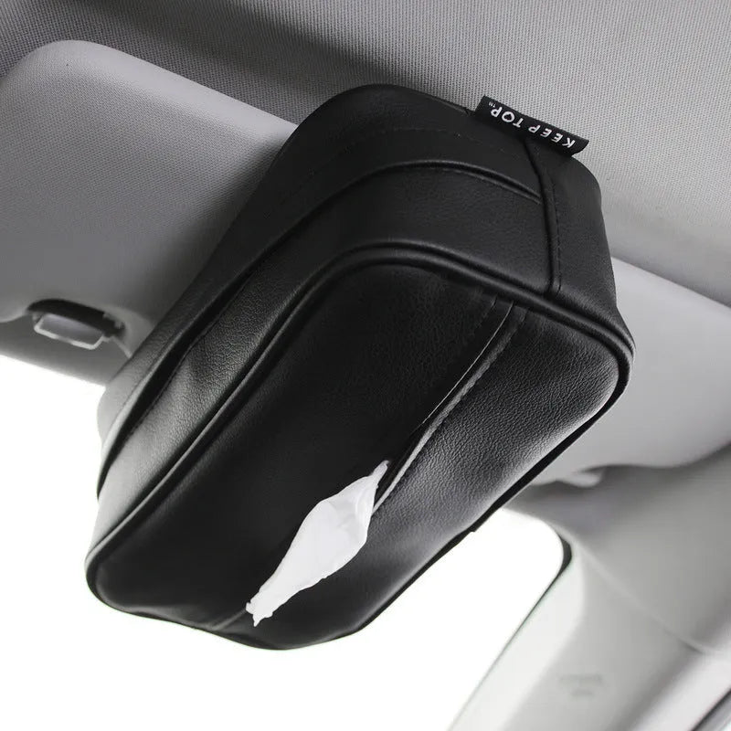 Black and beige PU leather car hanging storage box for organisation.