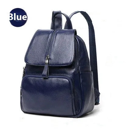 Blue genuine leather women's backpack with outer pocket and internal organiser compartments