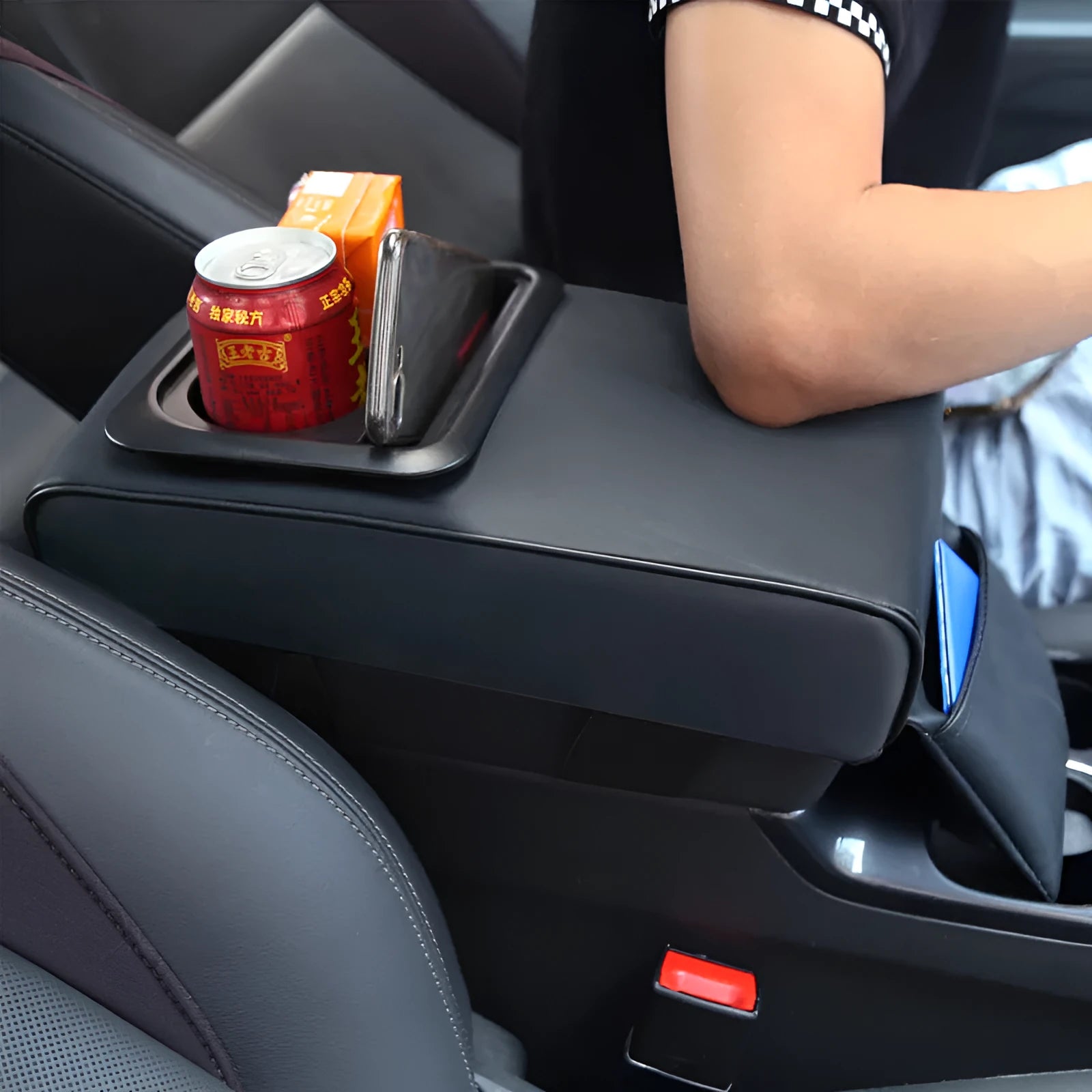 Beige leather car armrest box with water cup holder on a car centre console