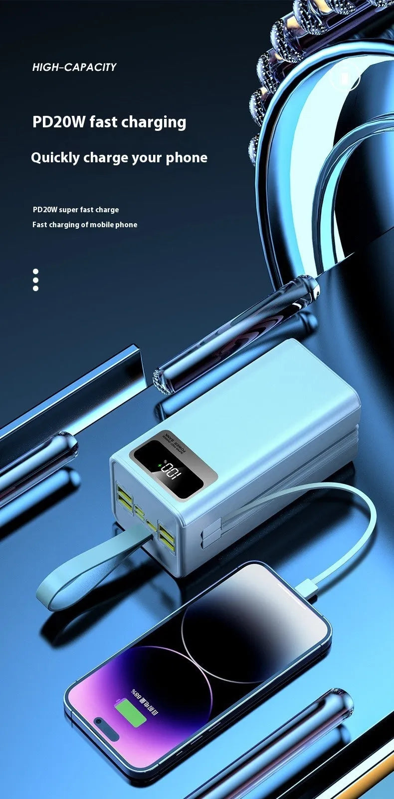 Large capacity portable power bank with super fast charging, plastic shell, 100000 MA, industrial style, Samurai Black