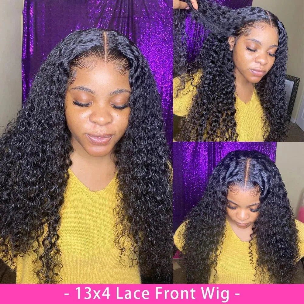 Curly human hair lace front wig with hand woven construction showing natural texture