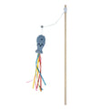 Wooden-handle cat wand toy with colourful ribbons, catnip fish, and bell for interactive indoor play