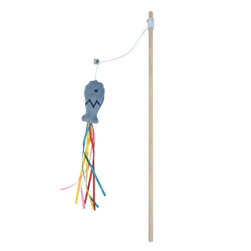 Wooden-handle cat wand toy with colourful ribbons, catnip fish, and bell for interactive indoor play