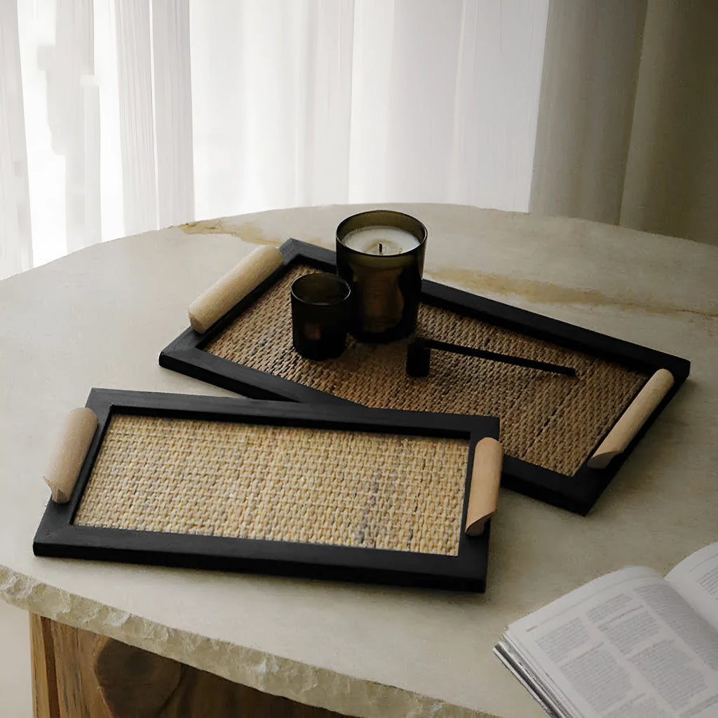 Pine wood rectangular tea tray with integrated compartment for storage