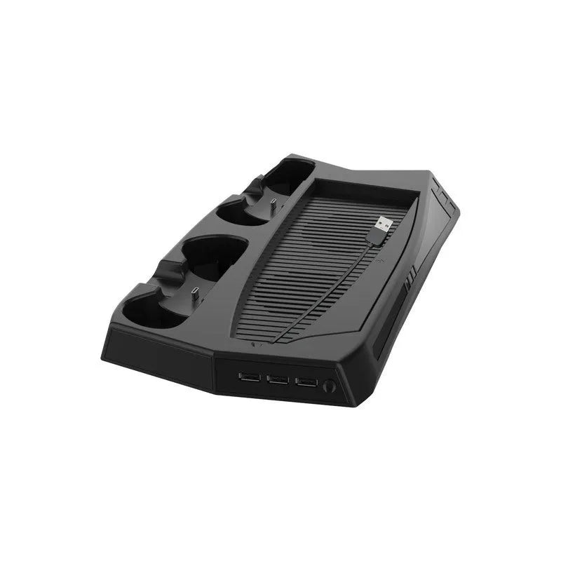 Matte black PS5 cooling charging base with USB ports, two controller docks, and a fan grill.