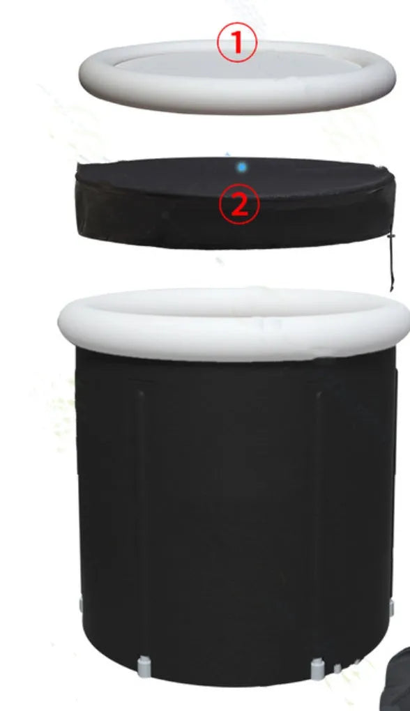 Black inflatable portable ice bath tub with elasticated weather lid, shown at 70x80cm size.