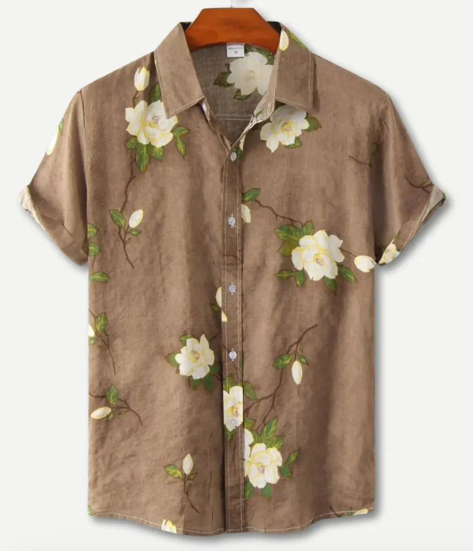 Hawaiian style short sleeve shirt with lapel collar and floral digital print, made from elastic polyester fabric.