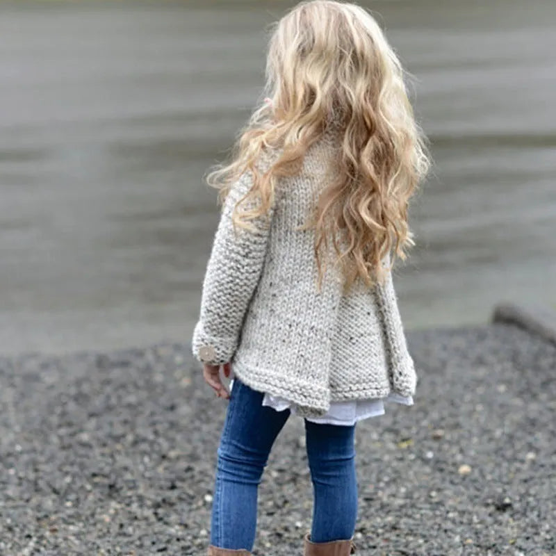 Beige girls cardigan sweater coat with long sleeves and single-breasted front